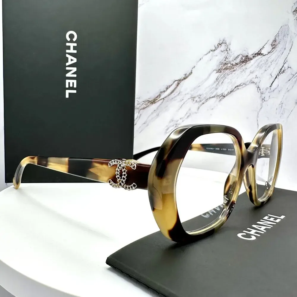 New CHANEL Eyeglasses Brown Gold Chain CC Square Acetate Womens - Picture 12 of 16